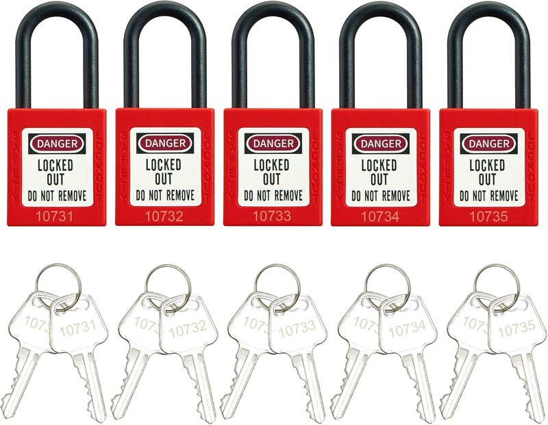SATTRON Red Lockout Tagout Safety Padlock Kit 5-Pack, Nylon OSHA-Compliant Loto Locks with 2 Keys Per Lock& Warning Labels for Industrial Maintenance, Electrical/Mechanical Equipment (Keyed Differently) - Image 1